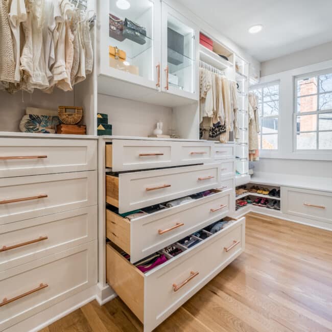 drawers open in newly built and organized closet